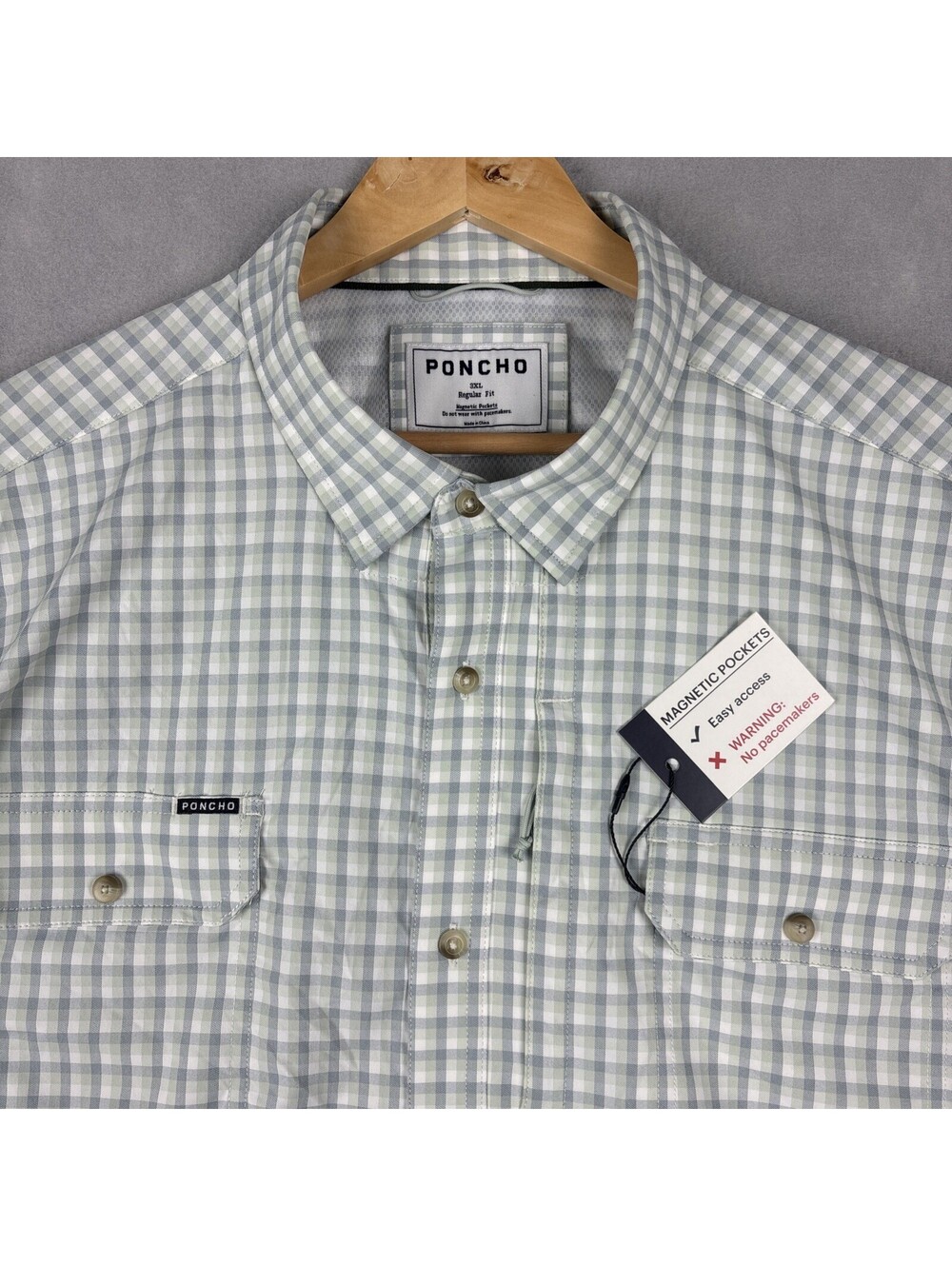 NWT Poncho Shirt Mens 3XL Short Sleeve Green Plaid Button Up Magnetic Pocket
